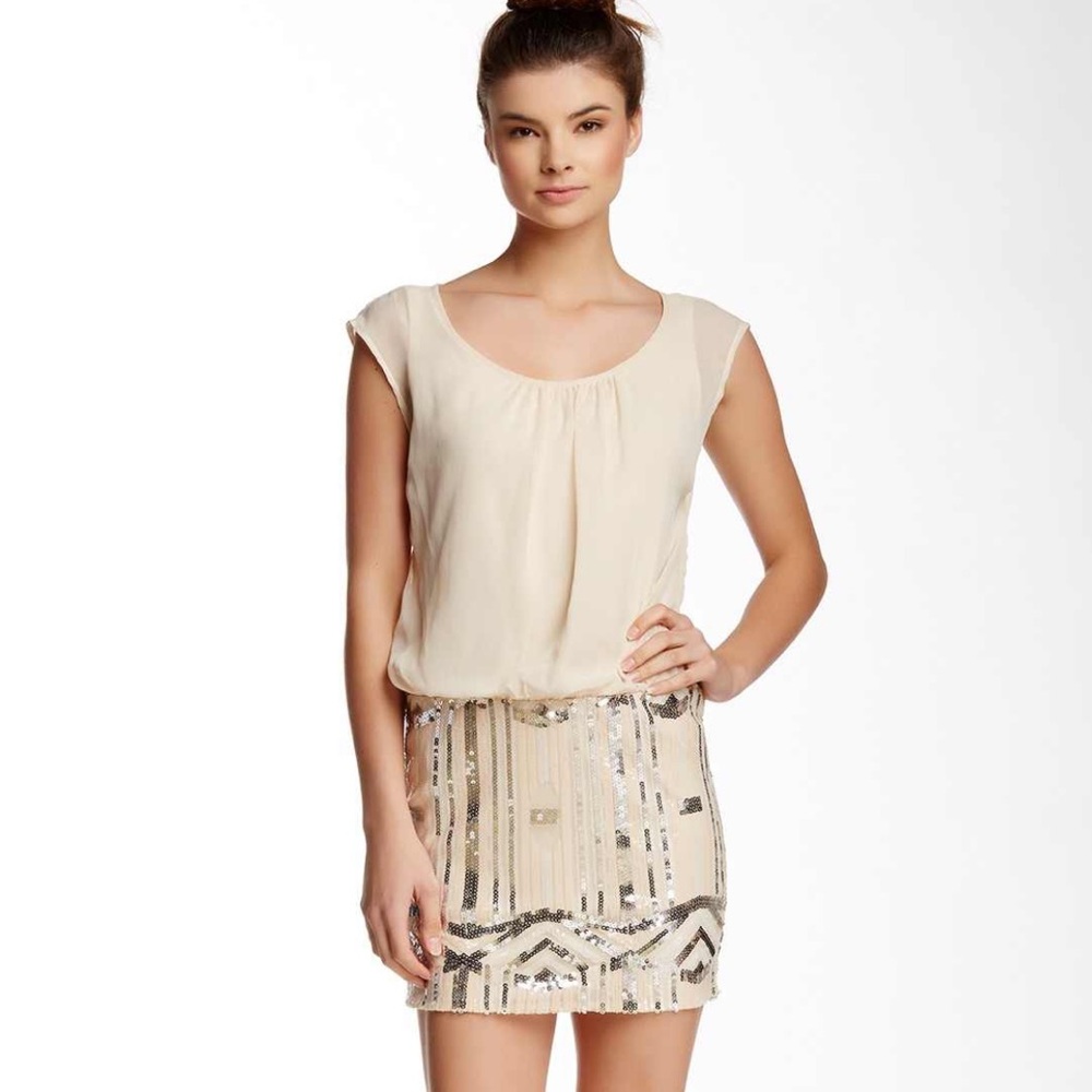 NWT As U Wish Creme Beaded Skirt Mini Dress L